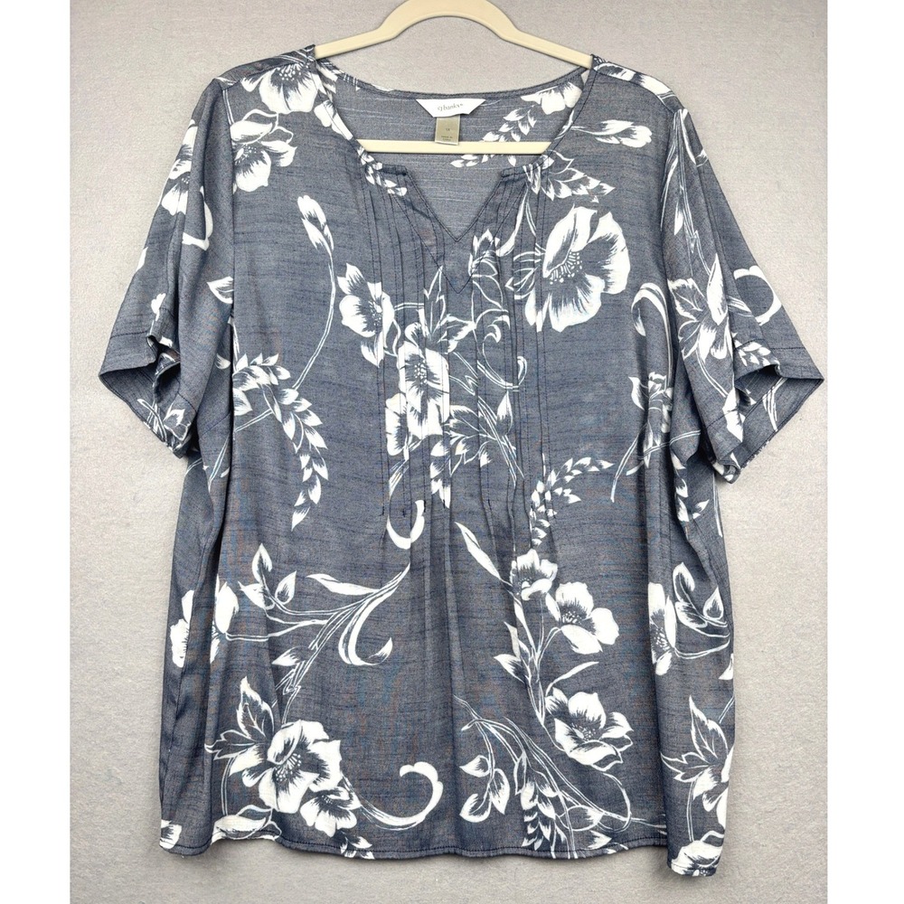 CJ Banks Blouse Womens 1X Pintuck Pleat Floral Short Sleeve Casual Boho